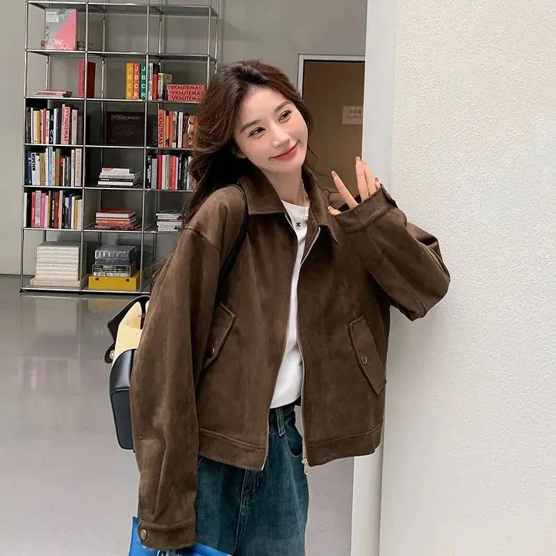 Veste courte en daim style coréen pour femmes