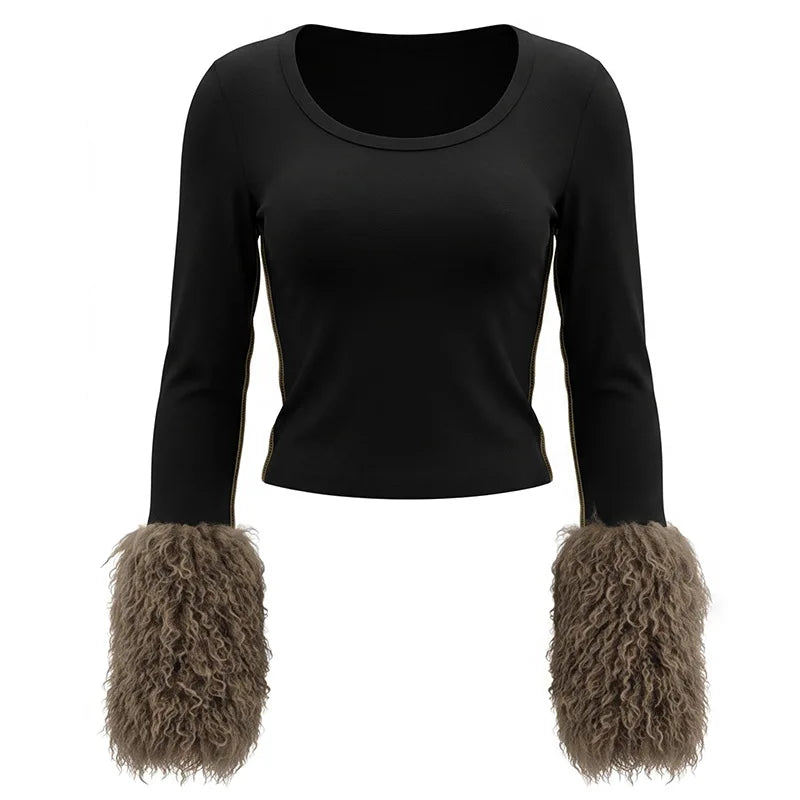 Haut Femme Noir à Poignets Effet Fourrure