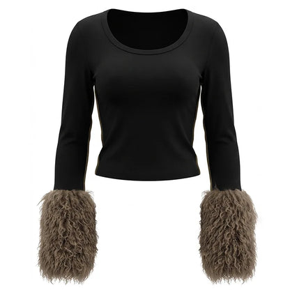 Haut Femme Noir à Poignets Effet Fourrure