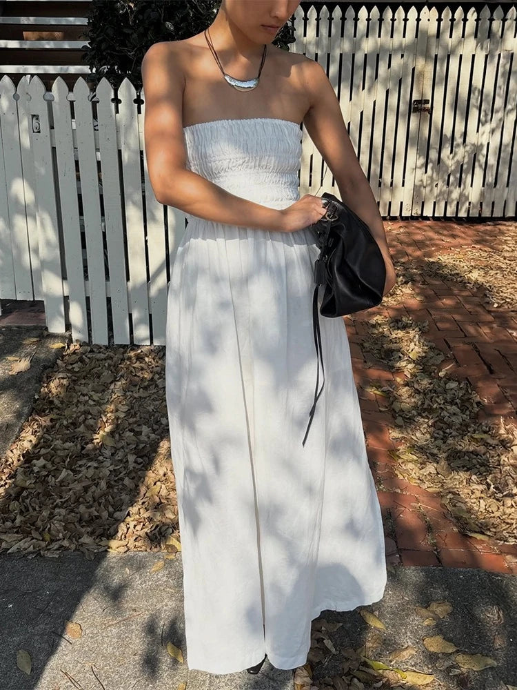 Robe longue d'été blanche dos nu sans bretelles pour femmes