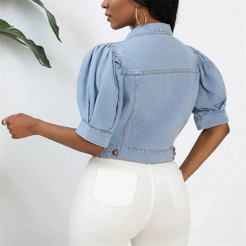 Veste court en jean à revers pour femmes