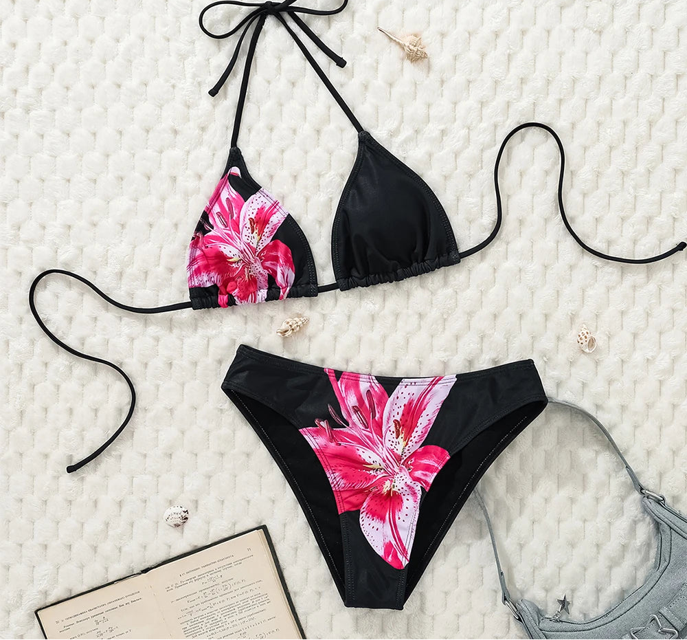 Maillot de bain deux pièces brésilien imprimé à pois noirs et blancs pour femmes