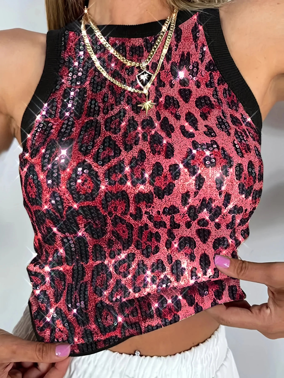 Gilet Léopard Femme – Coupe Moulante et Paillettes