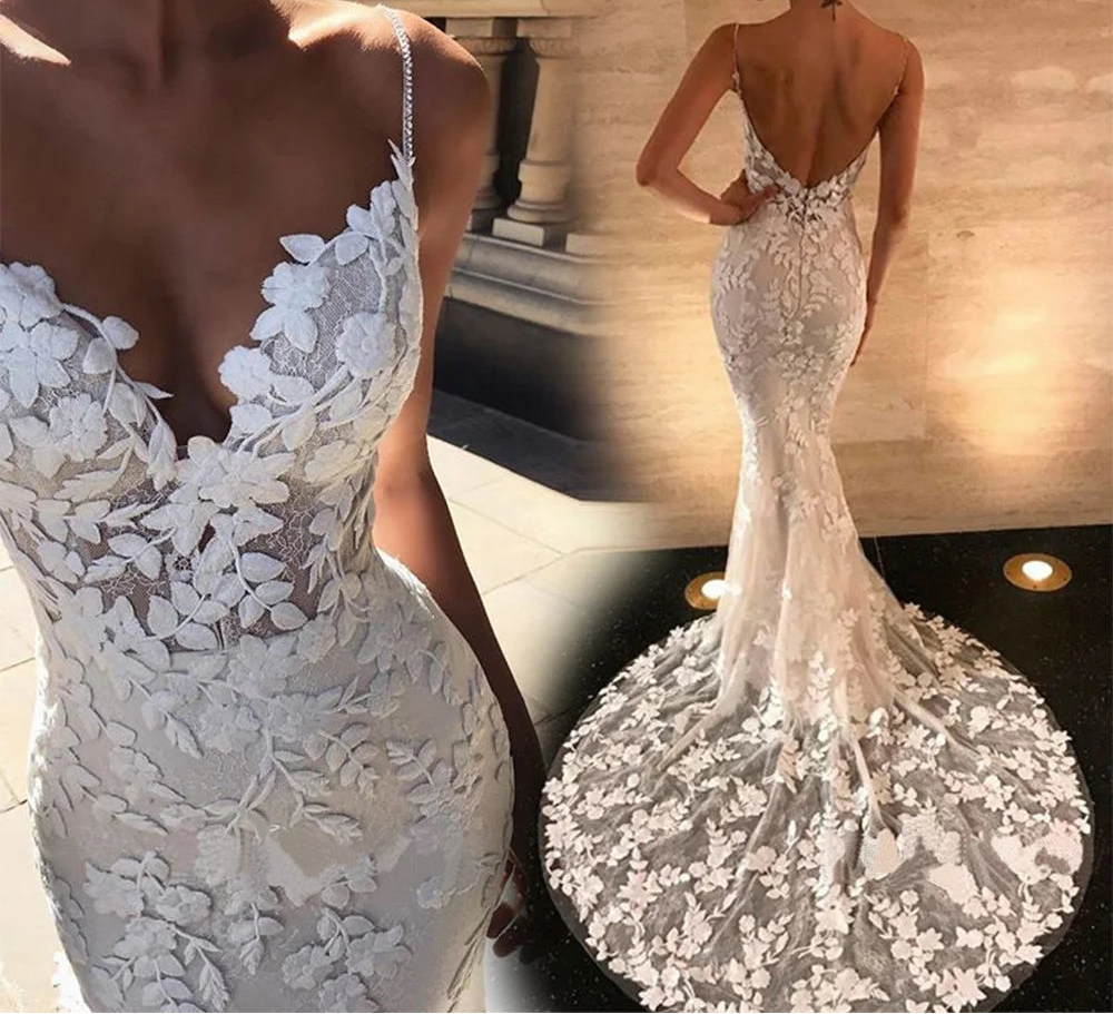 Robe de mariée sirène dos nu avec appliques en dentelle pour femmes