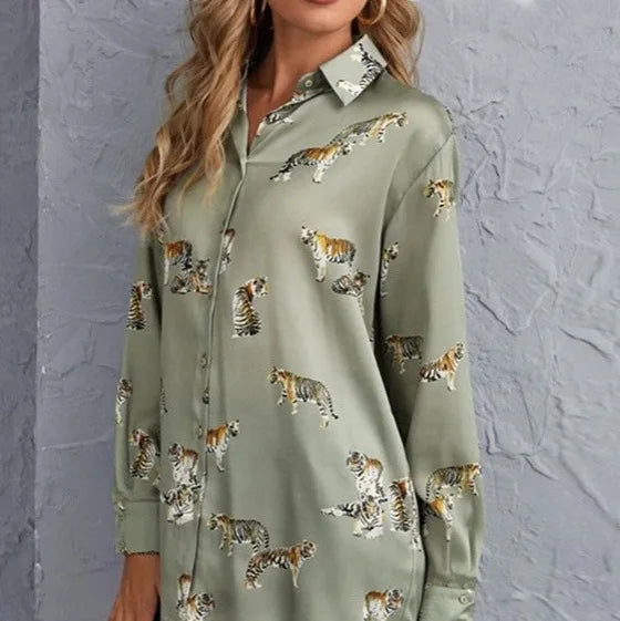Chemise en soie à manches longues imprimée pour femmes