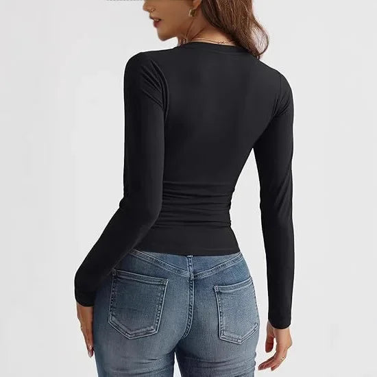 T-shirt décontracté à col en V et manches longues pour femmes