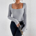 T-shirt tendance en polyester à manches longues et col en U pour femmes