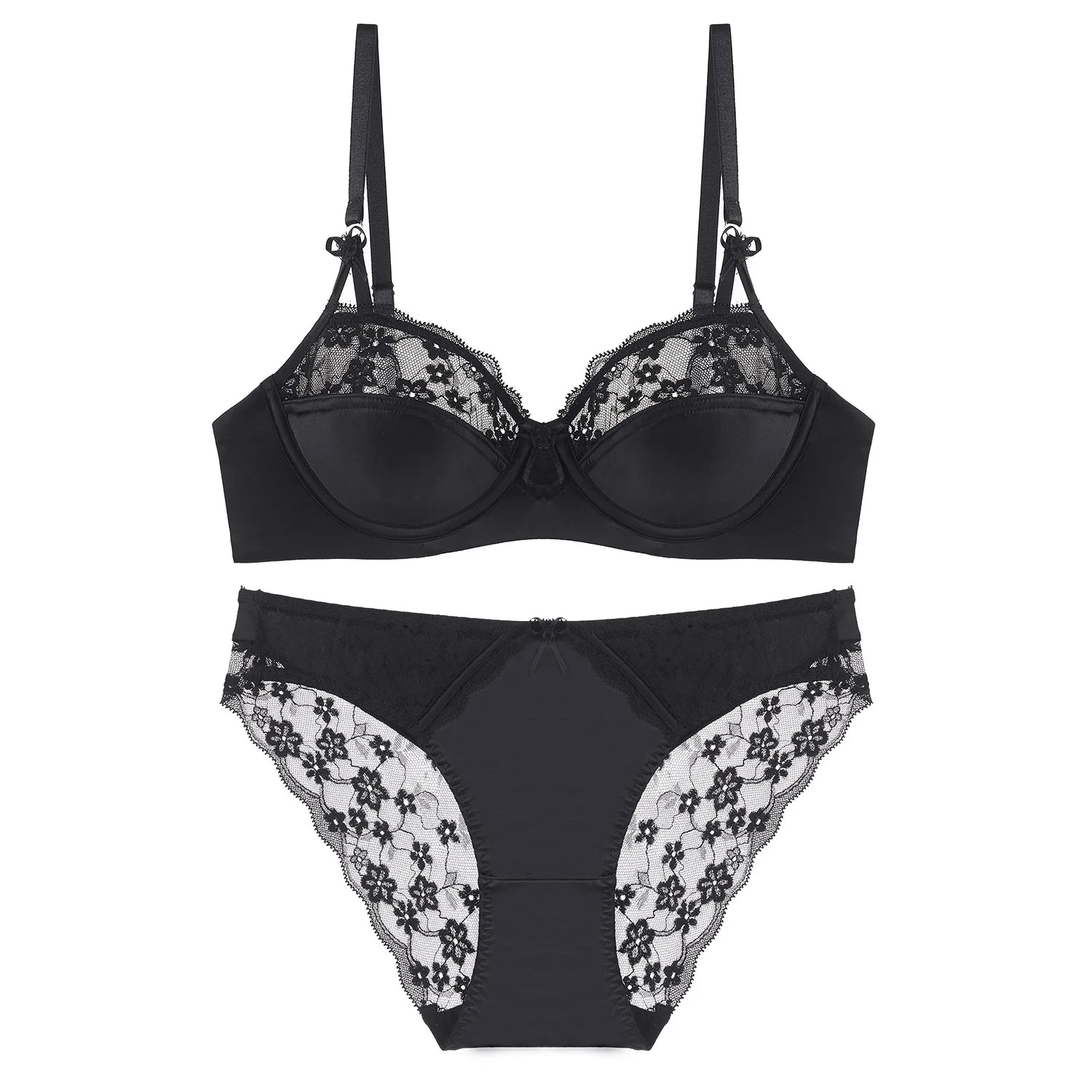 Ensemble soutien-gorge push-up en dentelle brodée de fleurs et culotte pour femmes