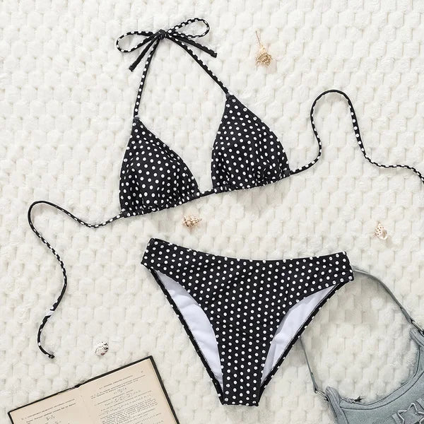 Maillot de bain deux pièces brésilien imprimé à pois noirs et blancs pour femmes