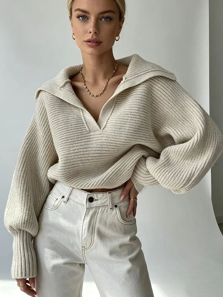 Pull en Maille Femme – Col V et Manches Lanternes