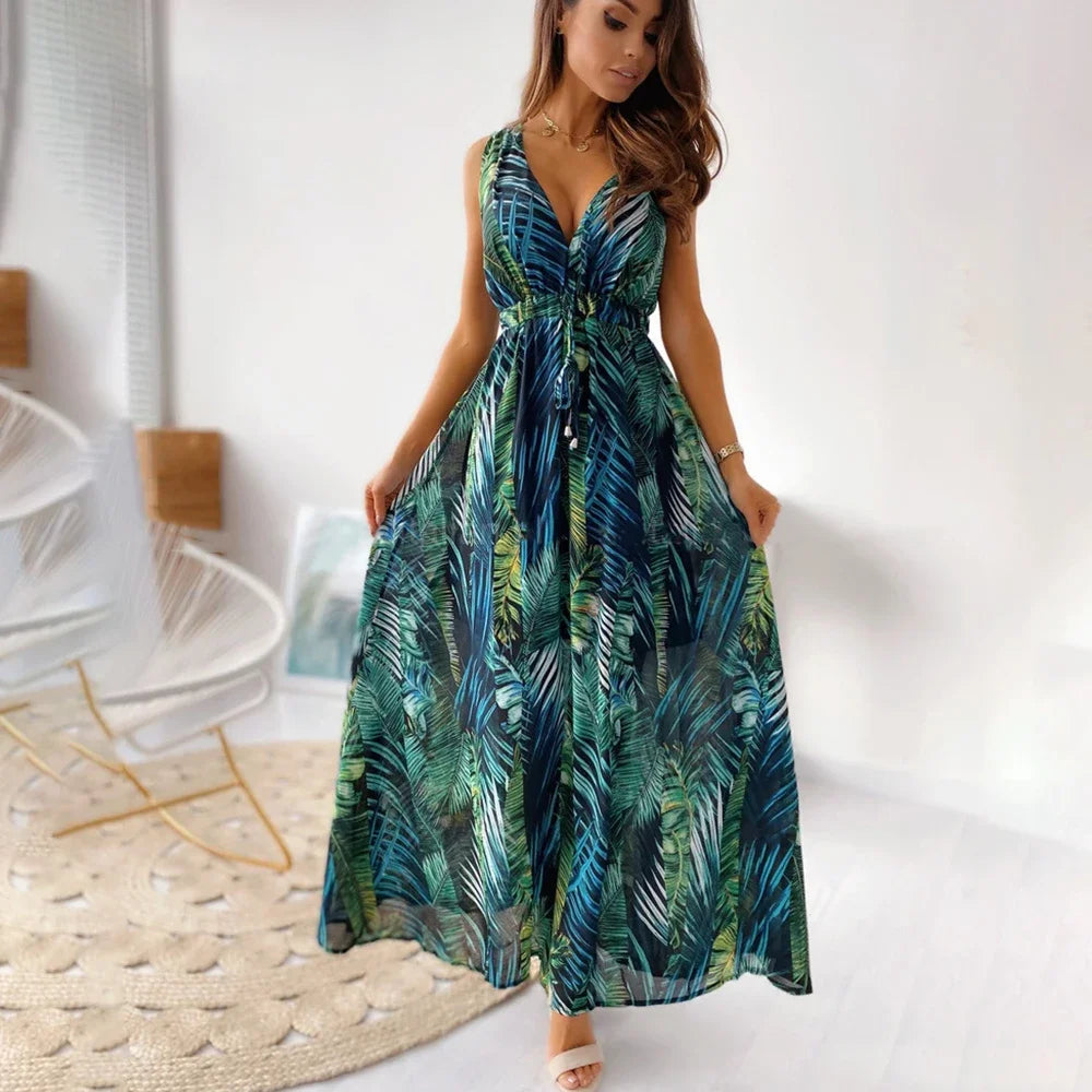 Robe maxi bohème sexy à décolleté plongeant pour femmes