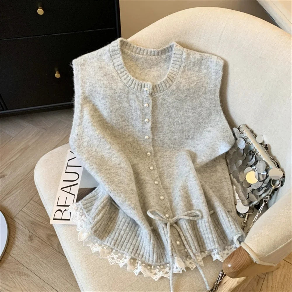 Pull à col rond et bretelles en dentelle pour femmes