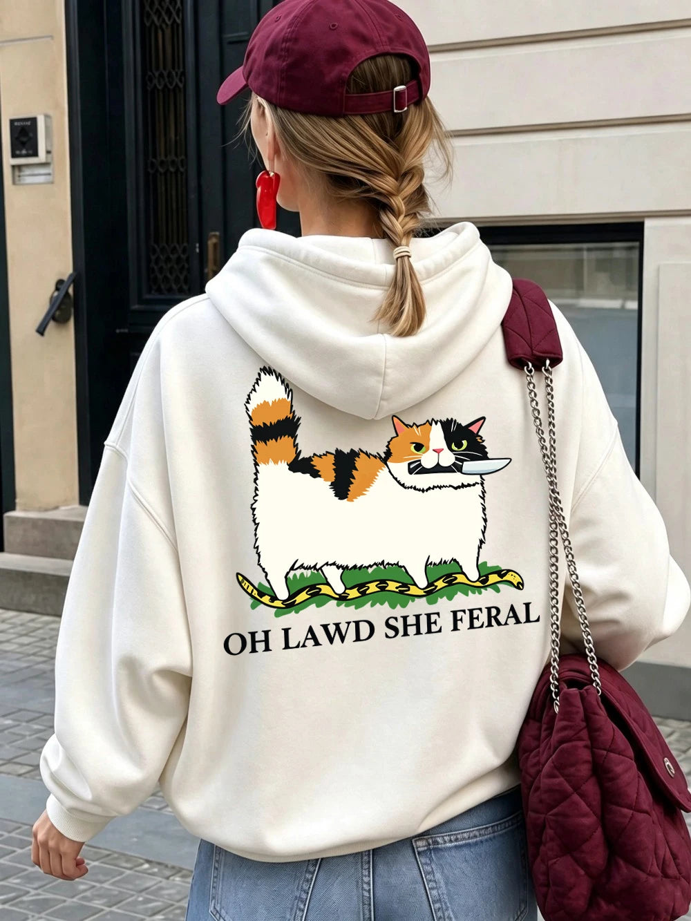 Sweat à capuche imprimé motif chat, couteau et serpent pour femmes