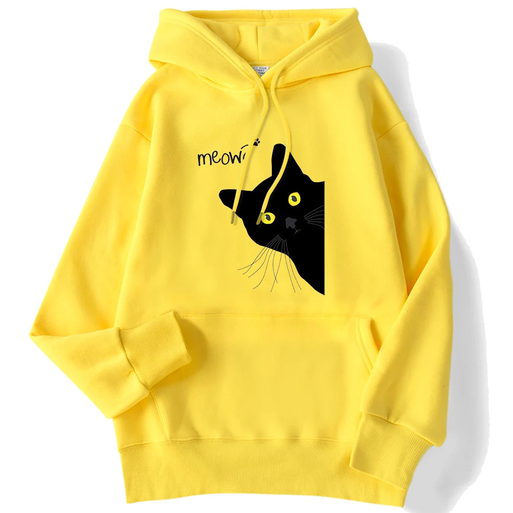 Sweat à capuche imprimé chat noir Meow pour femmes