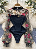 Bodys vintage broderie gaze col montant à manches longues pour femmes