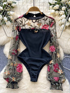 Bodys vintage broderie gaze col montant à manches longues pour femmes