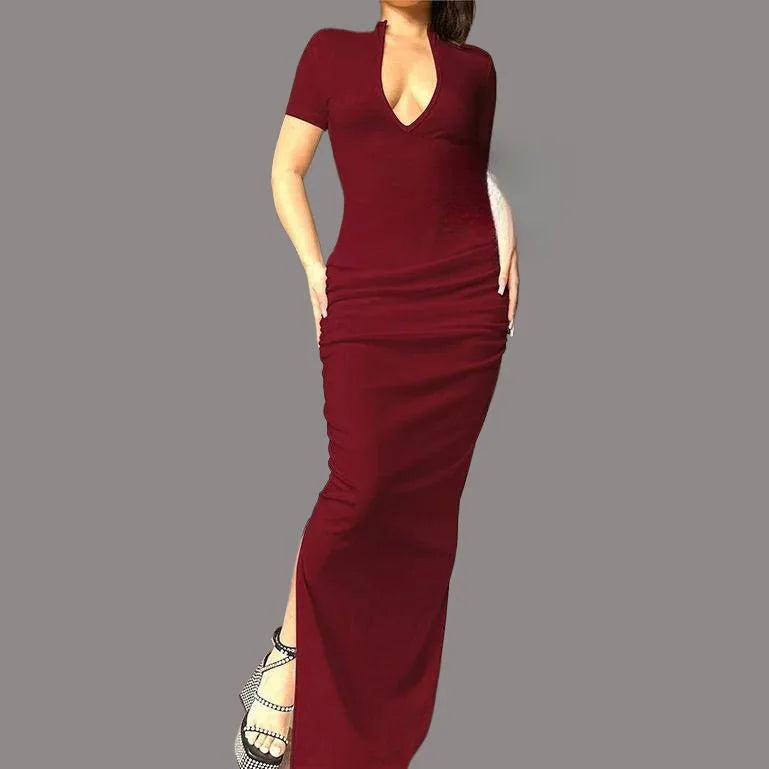 Robe longue sexy à manches courtes et taille croisée pour femmes