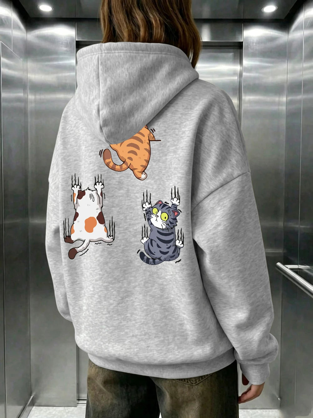 Sweat à capuche imprimé « Trois chats qui grimpent » pour femmes