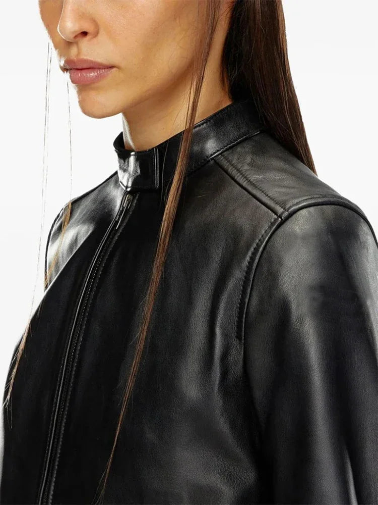 Veste Noire en Similicuir à Fermeture Zippée