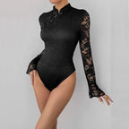 Body moulante en dentelle noire brodée pour femmes