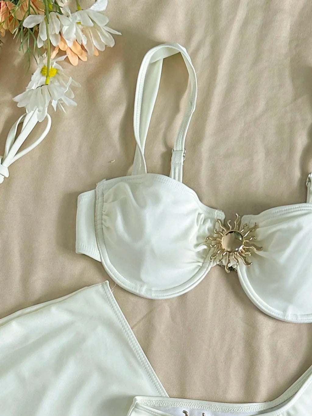 Ensemble de maillot de bain 3 pièces bikini rembourré à bretelles + jupe à volants pour femmes