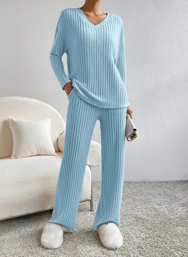 Ensembles 2 pièces pantalons décontractés à jambe droite + hauts élégants en maille à rayures  pour femmes
