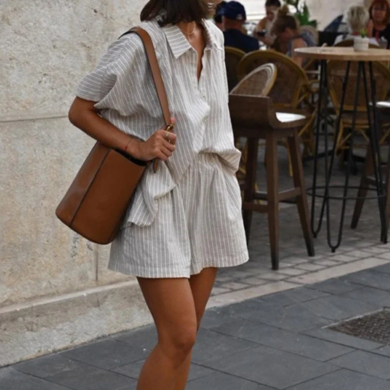 Ensembles shorts jambe large décontracté et haut à simple boutonnage rayé à lacets pour femmes