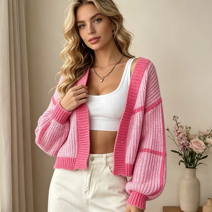 Cardigan Court Femme – Col V et Blocs de Couleurs