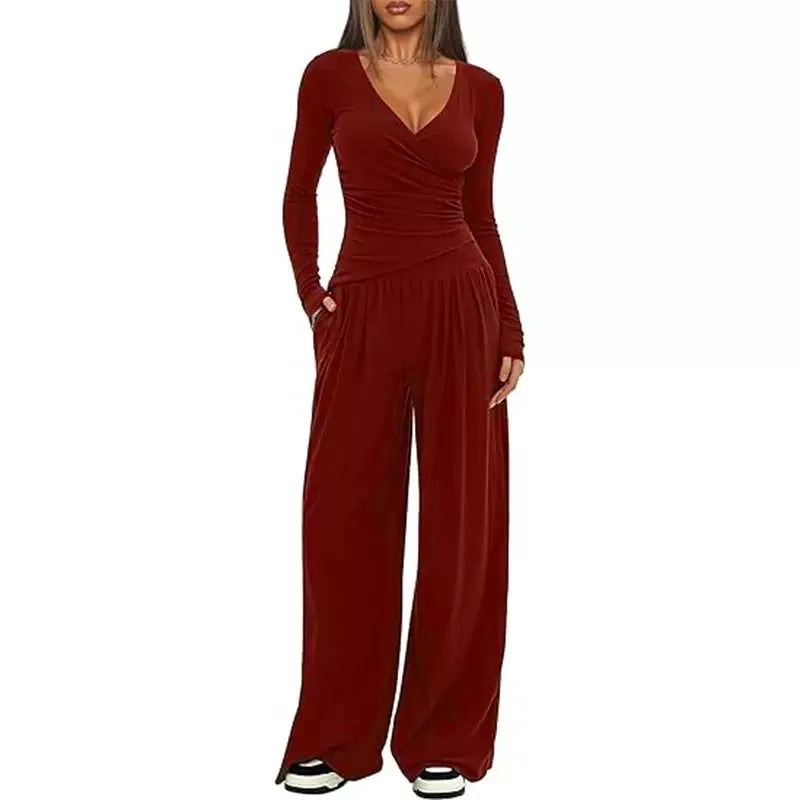 Ensemble deux pièces pantalon à jambes larges et haut à manches longues pour femmes