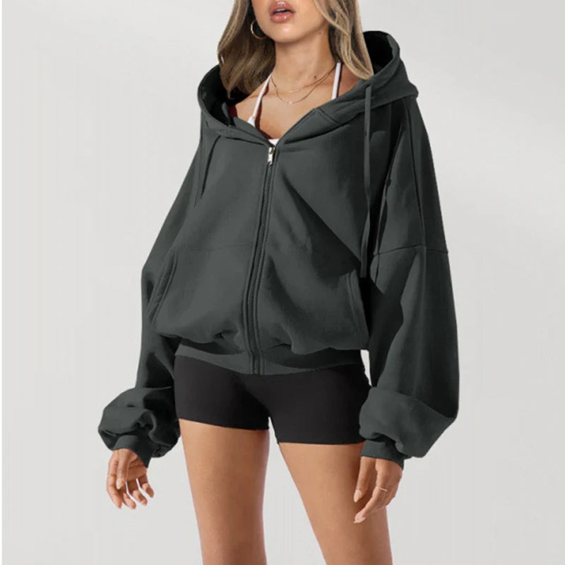 Veste de sport à capuche grise ample américaine pour femmes