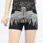 Short en jean noir à paillettes et pompons pour femmes