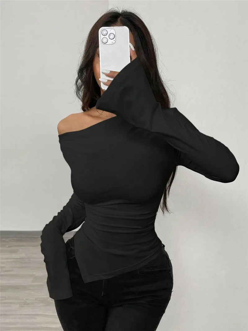 T-shirt à col en V épaules et dénudées à manches longues pour femmes