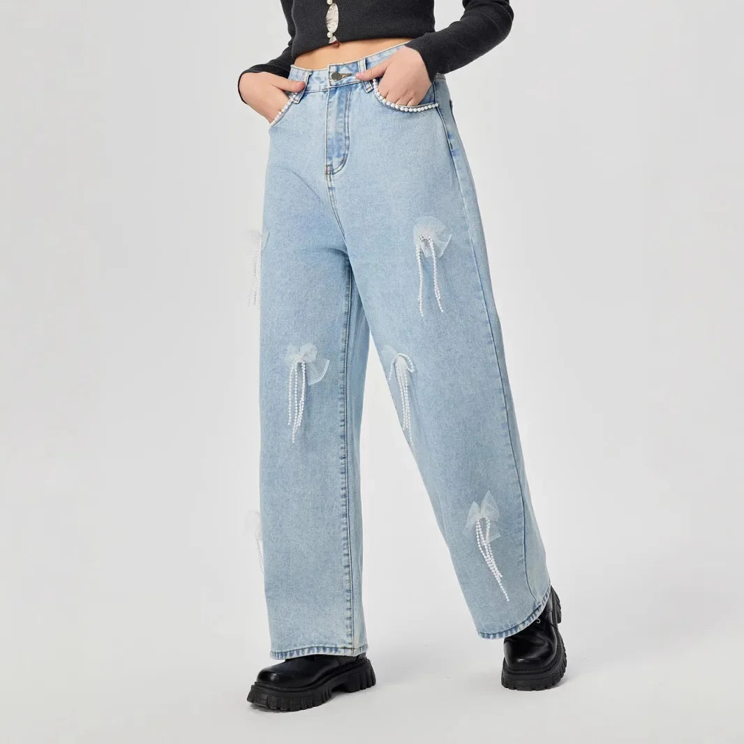 Jean taille haute brodé amincissant à jambe large pour femmes