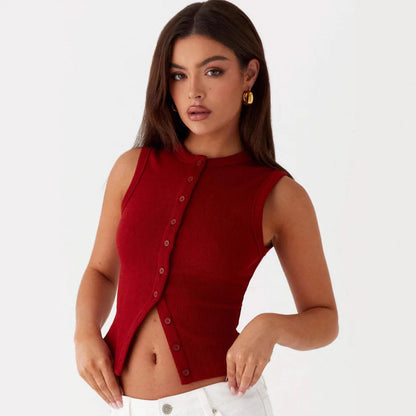 Haut Sans Manches Femme – Maille Unie Boutonnée