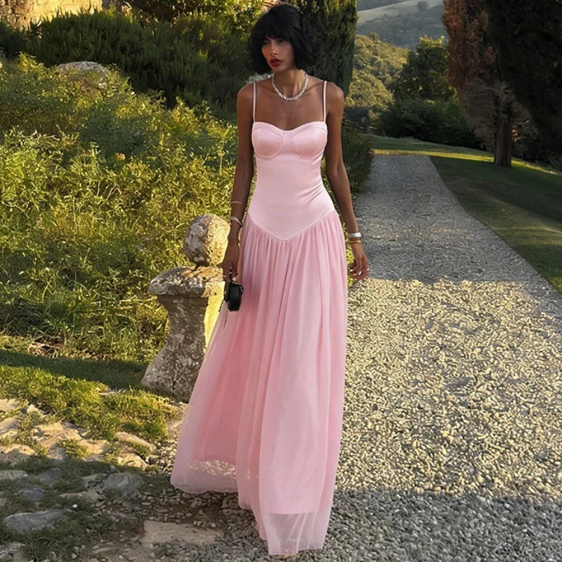 Robe longue rose sexy à bretelles fines pour femmes