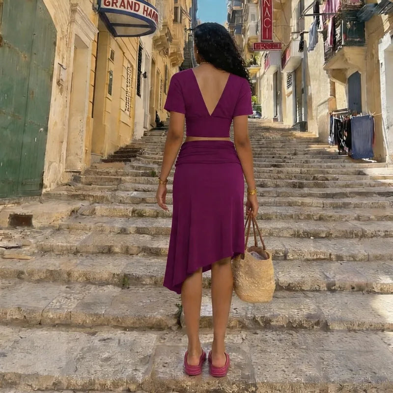 Ensemble deux pièces violet jupe, crop top asymétrique pour femmes