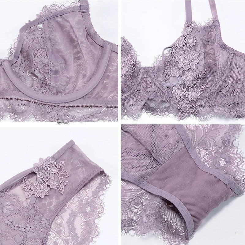 Ensemble soutien-gorge et culotte transparents en dentelle brodée pour femmes