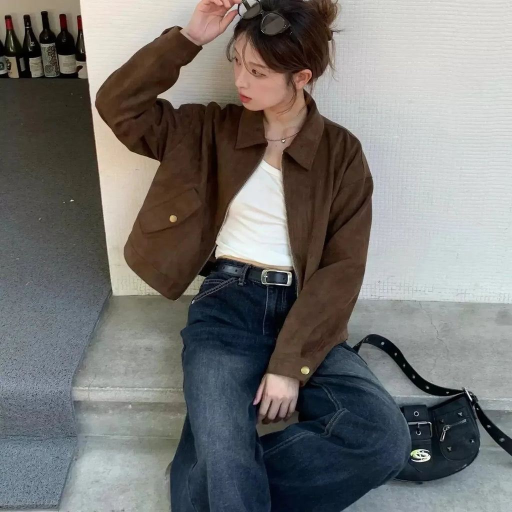 Veste courte en daim marron style américain rétro pour femmes