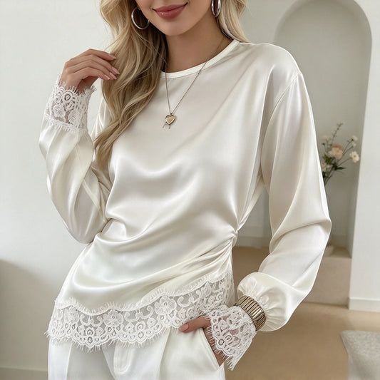Chemise Satinée Femme – Dentelle et Ourlet Asymétrique