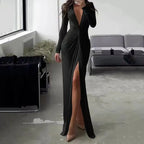 Robe de soirée fendue à col en V profond pour femmes