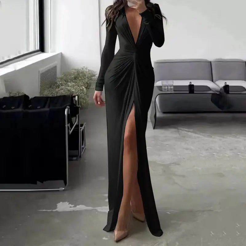 Robe de soirée fendue à col en V profond pour femmes