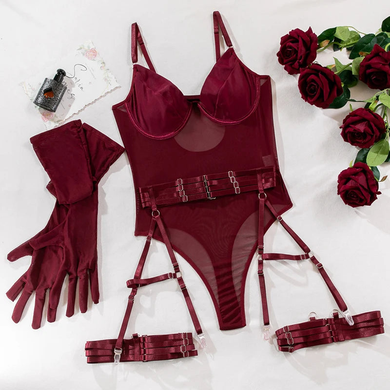 Ensemble 3 pièces bustier Push Up porte-jarretelles et V pour femmes