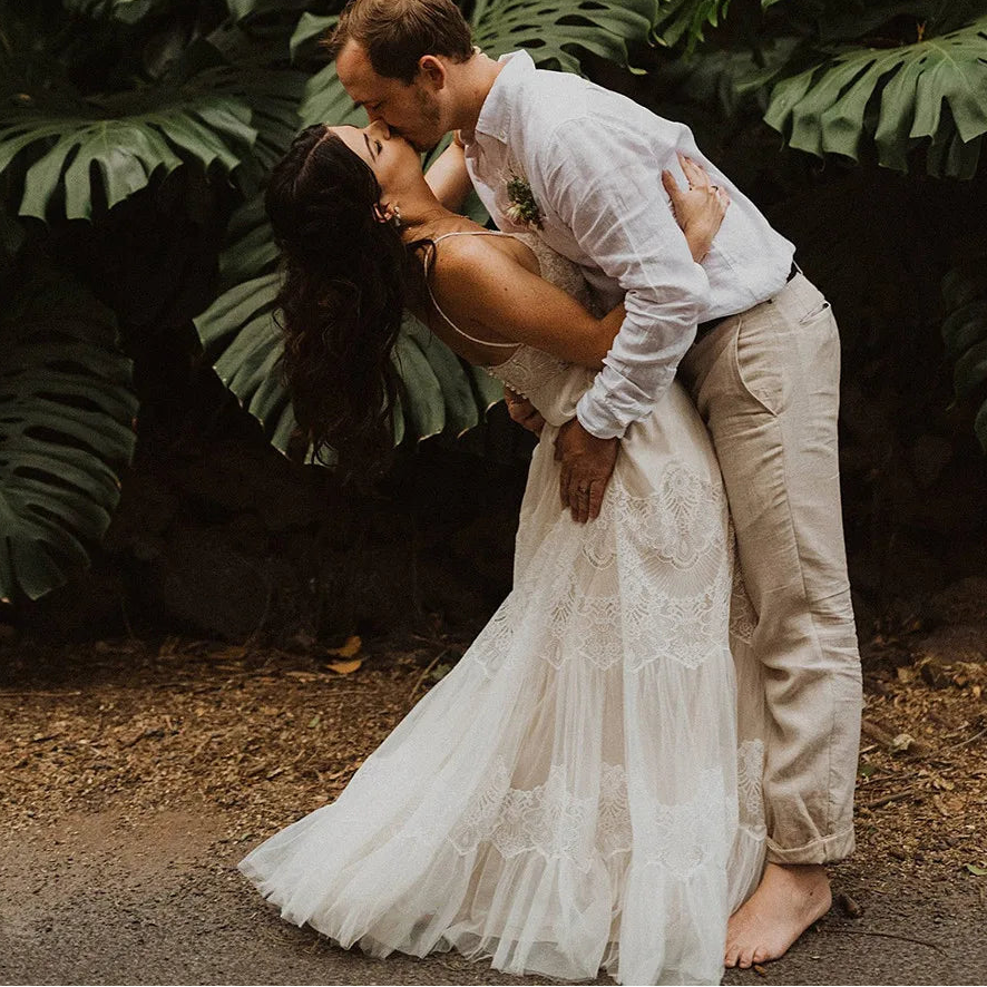 Robe de mariée trapèze en dentelle et Tulle pour femmes