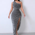 Robe maxi d'été noire à paillettes sexy dos nu pour femmes