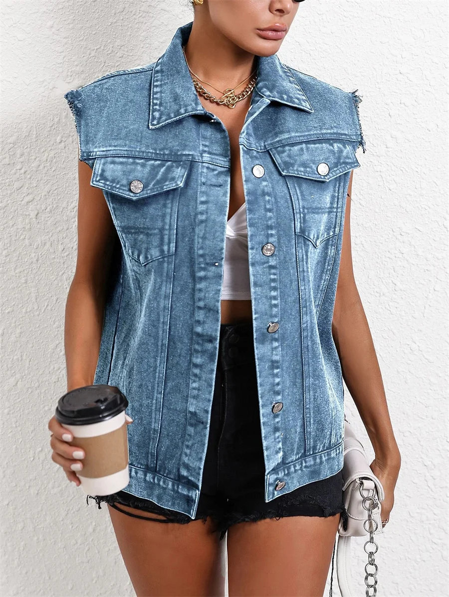 Gilet en jean sans manches à bordure brute pour femmes
