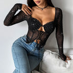 T-shirt court noir sexy à paillettes pour femmes