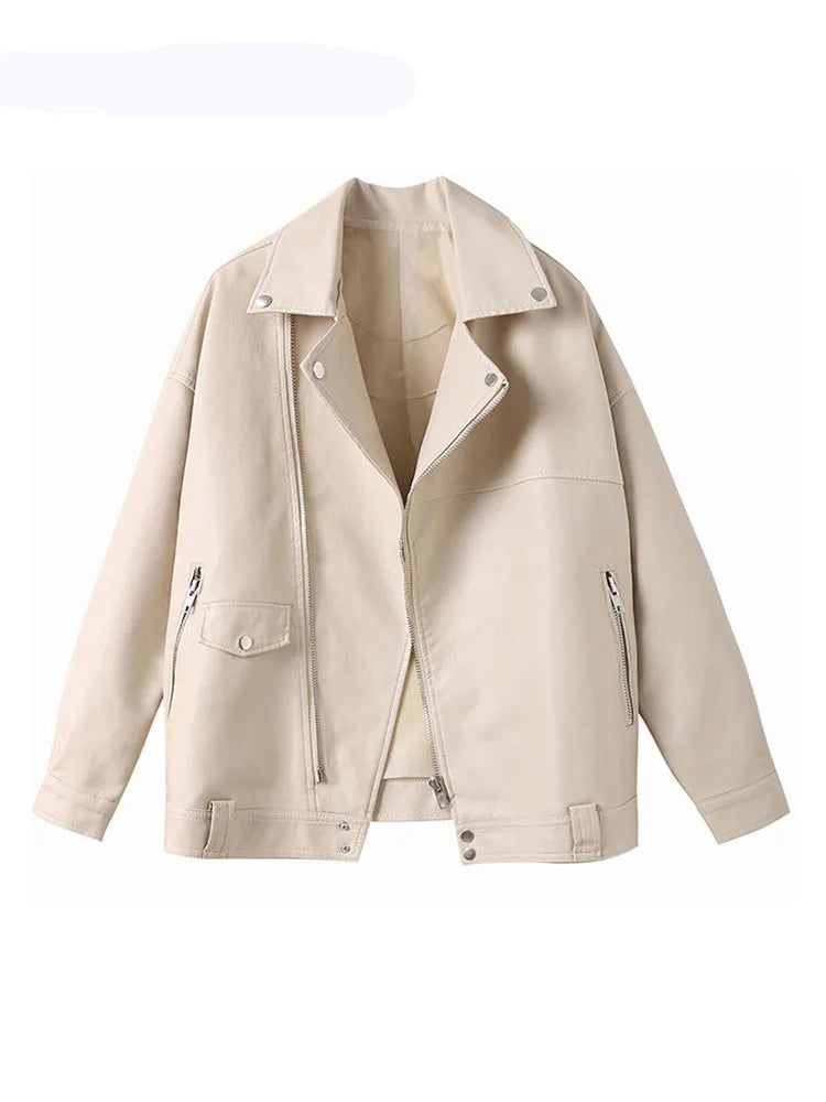 Blouson femme beige en simili cuir pour l'automne
