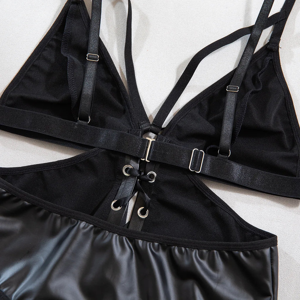 Body noir moulant en PU pour femmes