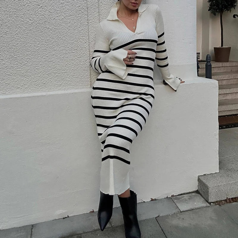 Robe longue femme en maille ajustée à col V et manches longues