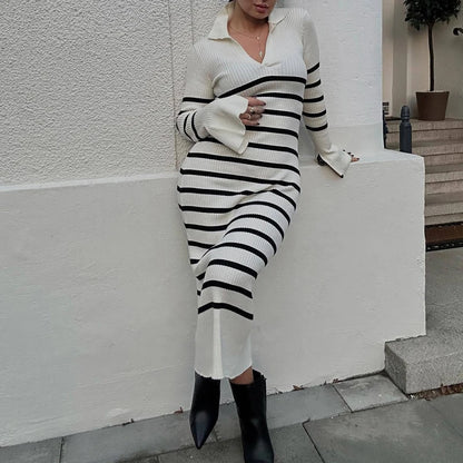 Robe longue femme en maille ajustée à col V et manches longues